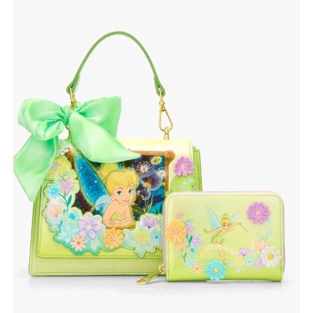 NEW‎ Loungefly Disney Tinker Bell 3D Flower Iridescent Crossbody HandBag &Wallet